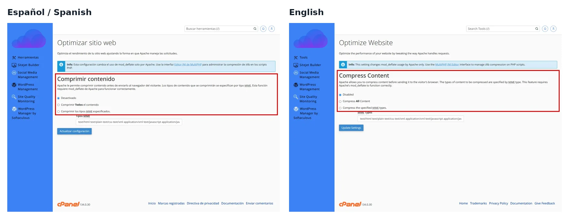 Opciones de Comprimir contenido en Optimizar sitio web de cPanel