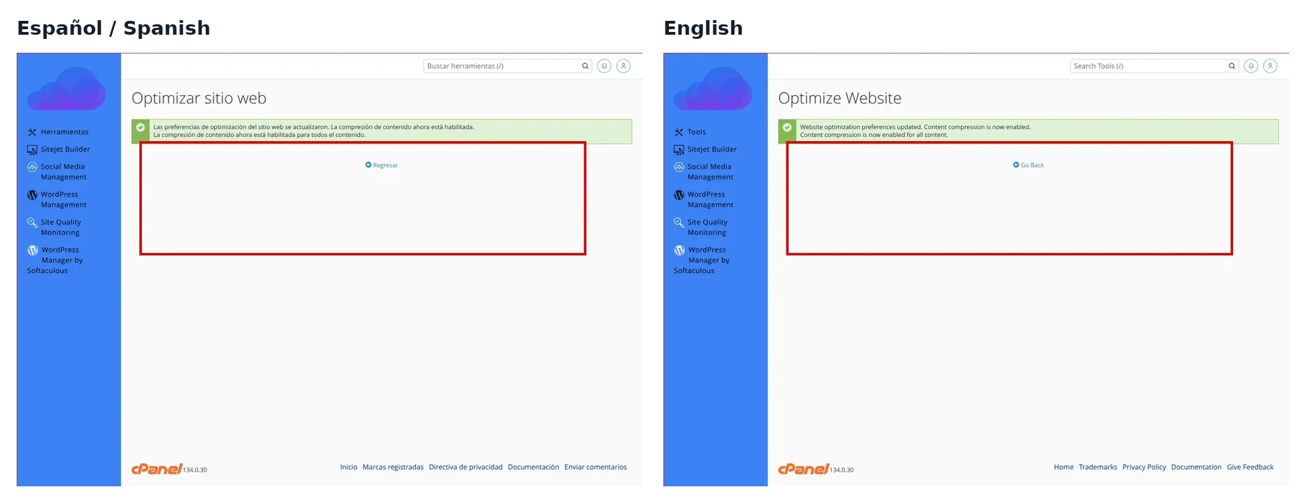 Confirmación después de actualizar la configuración de Optimizar sitio web