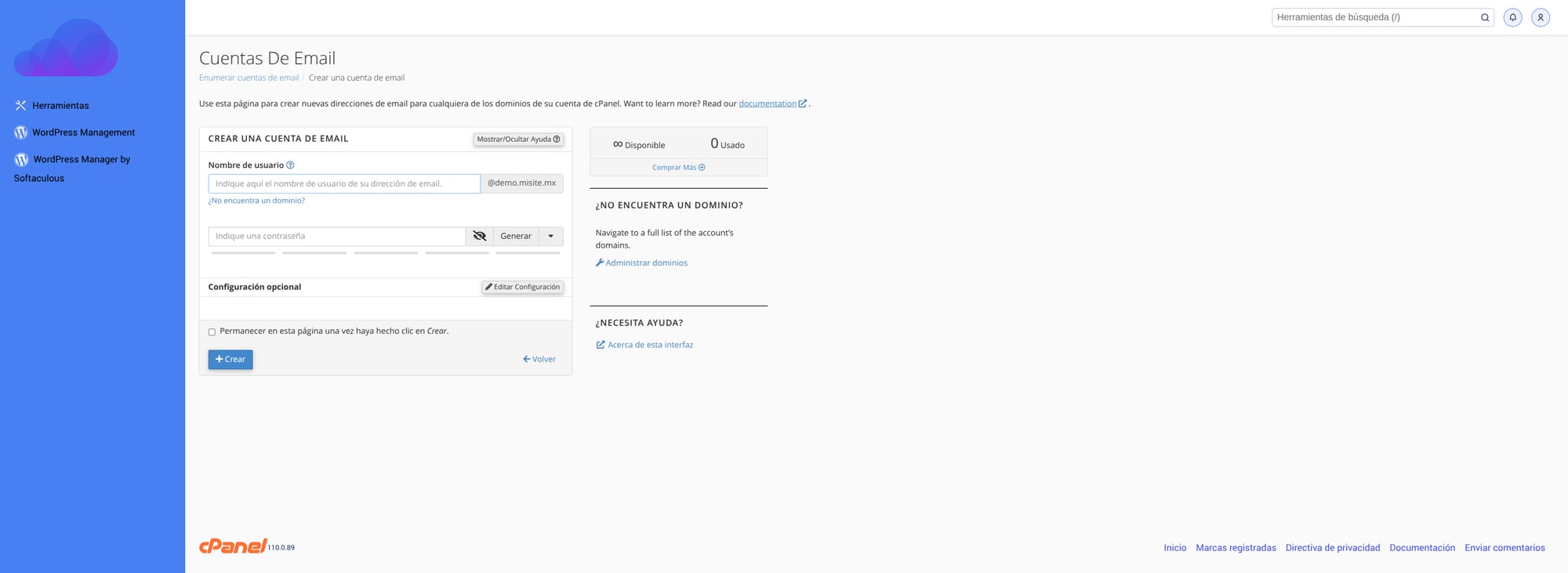 Formulario para crear cuenta de correo
