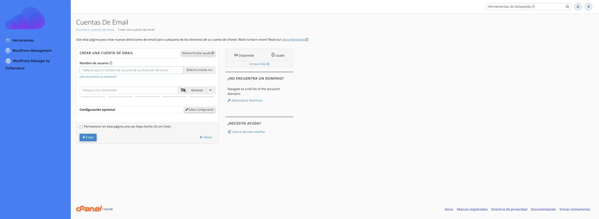 Formulario para crear cuenta de correo