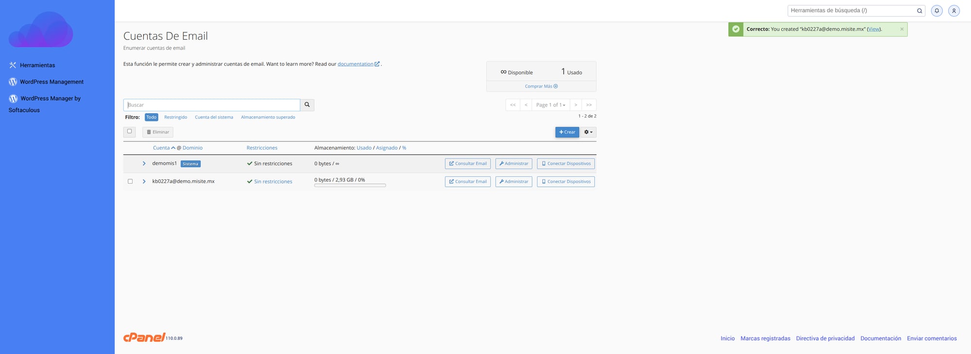 Lista de buzones mostrando la cuenta nueva