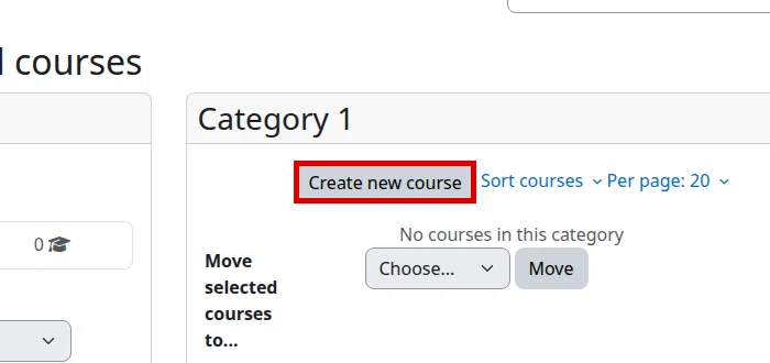 Botón Create new course en Moodle en inglés