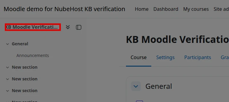 Curso recién creado abierto en Moodle en inglés