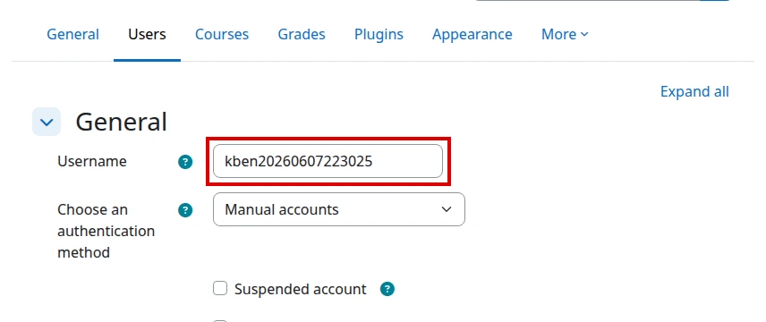 Campo Username en el formulario Add a new user de Moodle en inglés