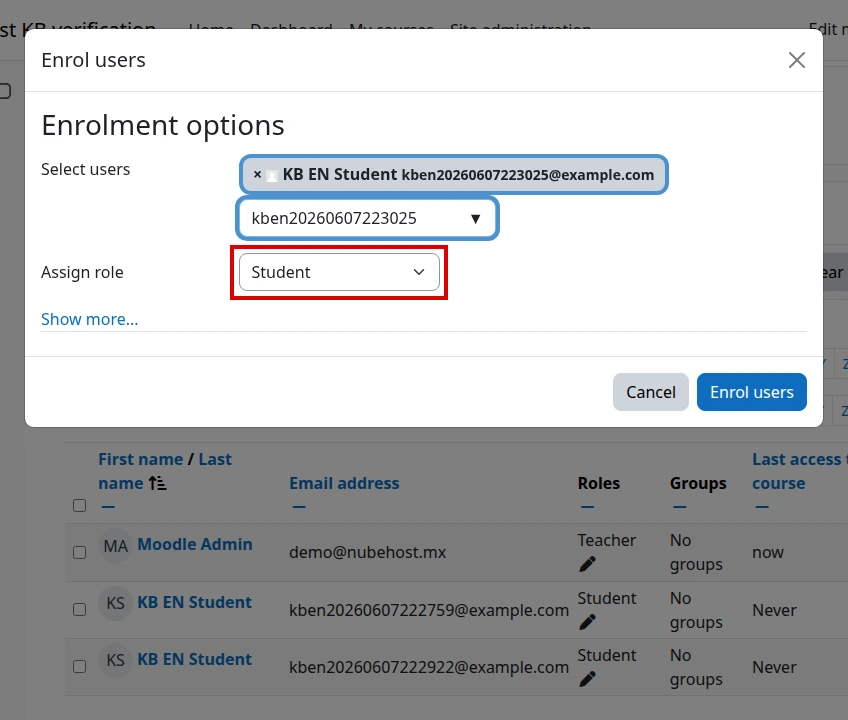 Student role selected in the Moodle Enrol users modal in English