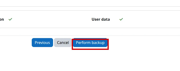 Botón Perform backup resaltado en Moodle en inglés