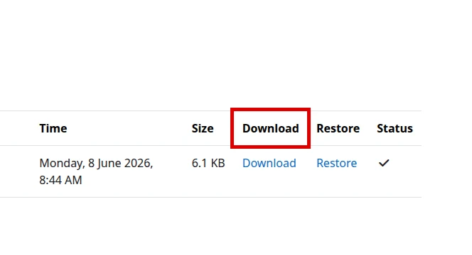 Enlace Download resaltado en el área de respaldos de curso de Moodle en inglés